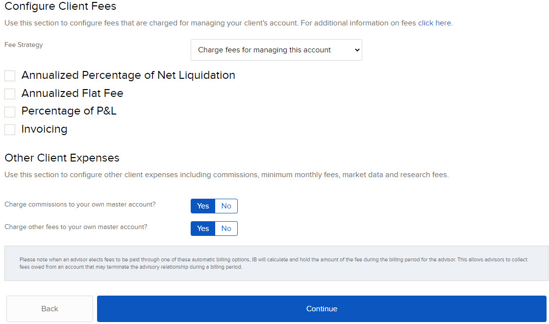Image of the configure client fees panel in the application process. 